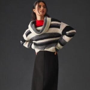 Anthropologie Black and White Striped Cowl Neck Sweater